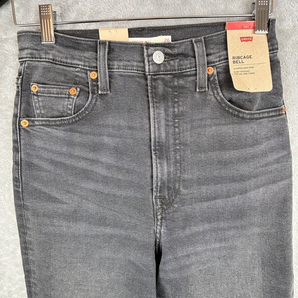 NWT Levi Ribcage Bell Women 26 Dark Gray High Waisted Flare Festival Boho Casual - Picture 4 of 16